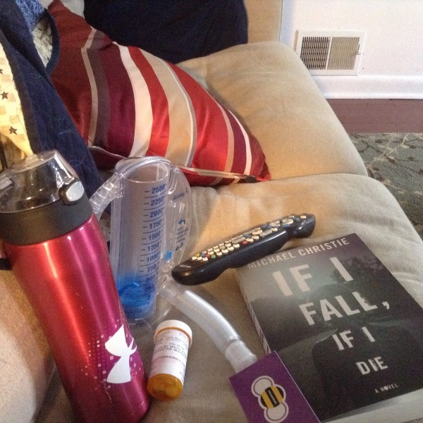 This is my life for the next two days. Books, remotes, (Thank God the new FIreStick arrived!) pills and a breathing apparatus. Good times.