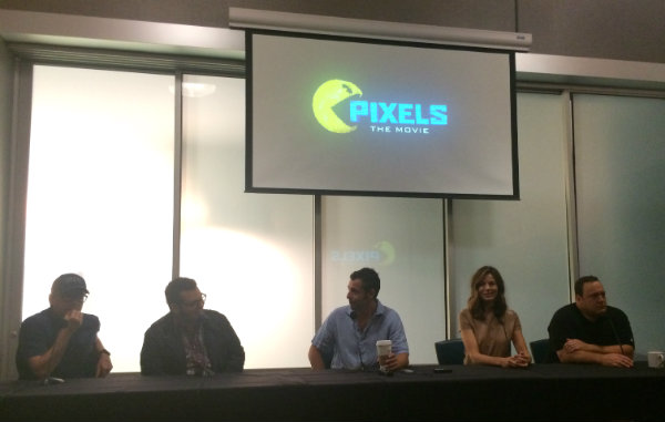 The Cast of Pixels (with bad back lighting-sorry) As Josh Gad asked, "why does Dave and Busters have a press conference room?"